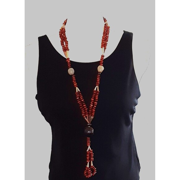 Natural dark brown tribal boho beaded necklace 42" long - Picture 2 of 2